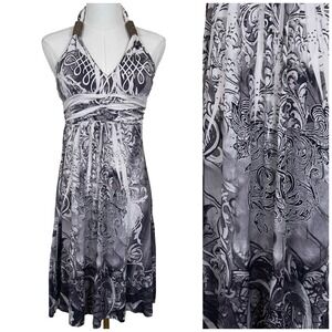Vintage Cristinalove Halter Neck Dress Womens M Black White Rhinestone Y2K